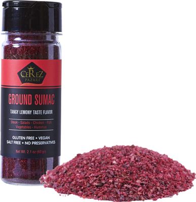 Cerez Pazari Sumac Spice Powder, Turkish Sumac Seasoning, Middle Eastern And Mediterranean Spices, Tangy Lemony Taste Flavor, Gluten-Free, Easy To Use Flapper Spice Cap, 2.1 oz.