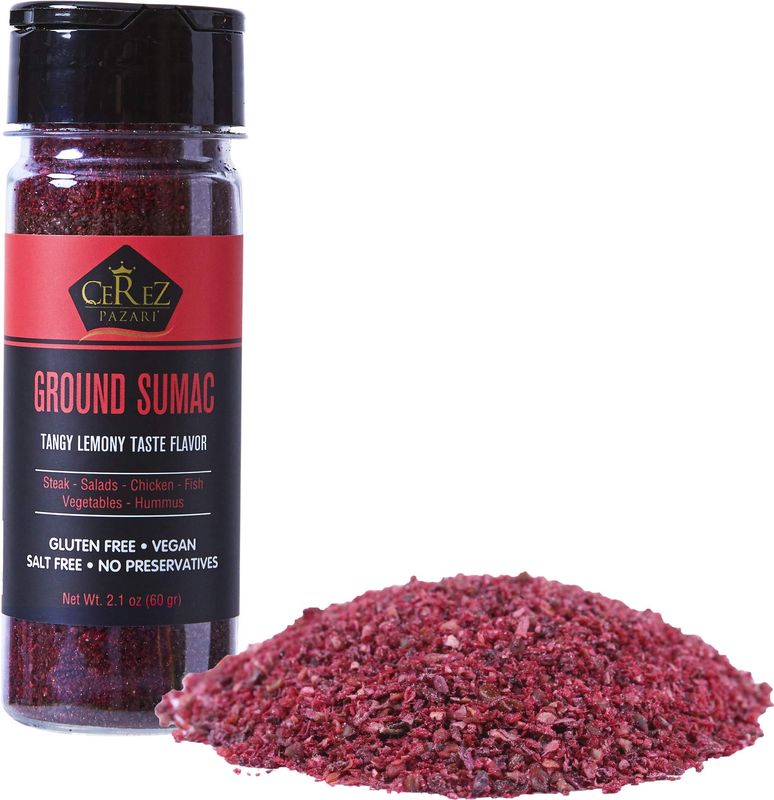 Cerez Pazari Sumac Spice Powder, Turkish Sumac Seasoning, Middle Eastern And Mediterranean Spices, Tangy Lemony Taste Flavor, Gluten-Free, Easy To Use Flapper Spice Cap, 2.1 oz.
