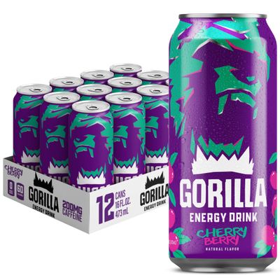 Gorilla Energy Drink, Cherry Berry, 200mg Natural Caffeine, L-Theanine, Taurine, Ginseng, Acetyl L-Carnitine, No Added Sugar and No Artificial Colors, Real Fruit Juice Squeezed Concentrated, 12 Pack