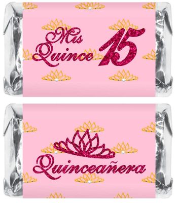Mis Quince Miniature Candy Bar Wrapper, Quinceanera Mini Chocolate Bar Stickers for 15 Birthday Party, Table Top Event Decorations, (Set of 60) Candy Not Included. (Red) Made in USA