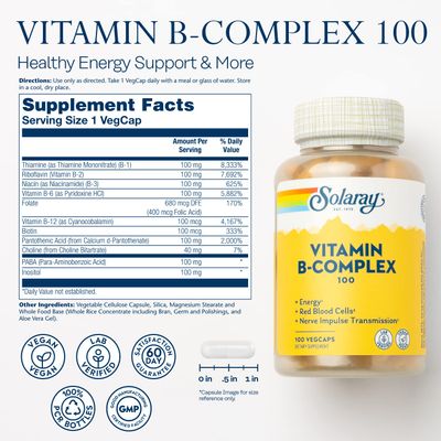 SOLARAY Vitamin B Complex, Healthy Energy Supplement, Red Blood Cell Formation, Nerve Immune Support, Super B Complex Vitamins with Folic Acid, Vitamin B12, Vitamin B6 More, Vegan, 100 VegCaps