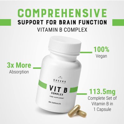 CHEERS - Vitamin B Complex Food Supplement, 60 Capsules 415 mg of Vitamin B1, Vitamin B2, Vitamin B3 Vitamin B6 Vitamin Supplements for Adults, Vitamin B Vegan Supplements for Men and Women