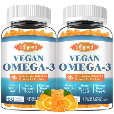 2 Pack Omega-3 Gummies Potent Algae Omega Source, Boost Brain, Eye Immune Function, with DHA and EPA Vegan Sugar Free, Orange Flavor, 120 Count
