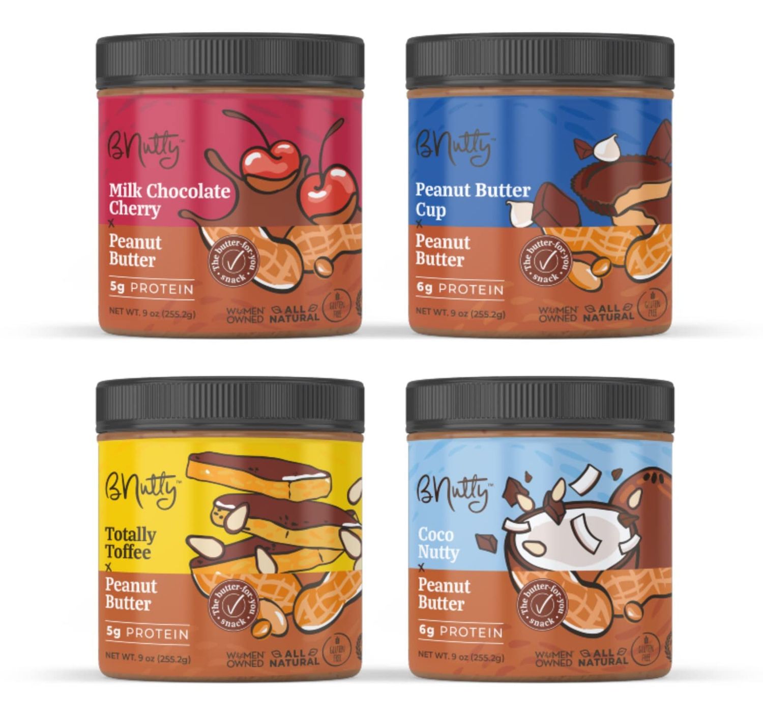 BNutty Chocolate Dream Variety Pack Natural, Crunchy, Creamy Gluten Free Peanut Butter Jars Spread Peanut Butter Cup, Milk Chocolate Cherry, Totally Toffee Coco Nutty 4-Pack