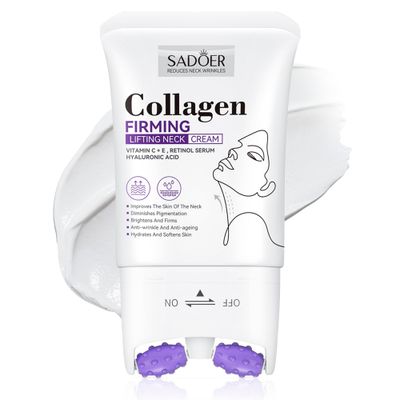 VRAIKO SADOER Gua Sha Neck Cream, Retinol Firming Cream for Neck Jawline Lifting with Double Massage Rollers, D collet Moisturizer for Fine Lines, Elasticity and Hydration, 3.8 oz