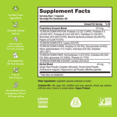 HUM Flatter Me Extra Strength Digestive Enzymes - Fast-Acting Bloat Relief for Digestive Health Debloating Multi Enzyme, Vegan, 60 Servings