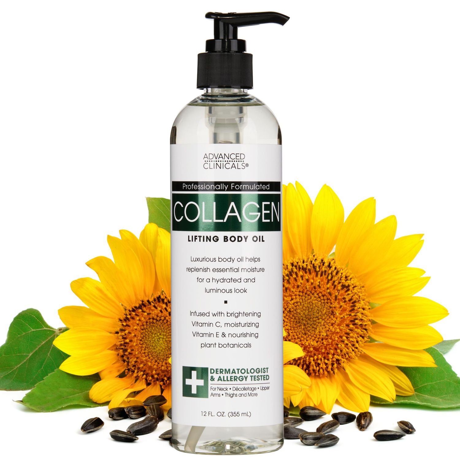 Advanced Clinicals Collagen Body Oil Skin Care Moisturizer WVitamin E Vitamin C - Tightening, Firming, Hydrating Massage Collagen Oil For Wrinkles, Crepey Skin, Stretch Marks, 12 Fl Oz