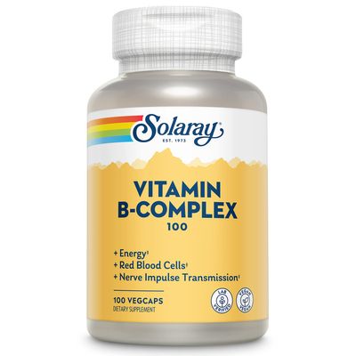 SOLARAY Vitamin B Complex, Healthy Energy Supplement, Red Blood Cell Formation, Nerve Immune Support, Super B Complex Vitamins with Folic Acid, Vitamin B12, Vitamin B6 More, Vegan, 100 VegCaps