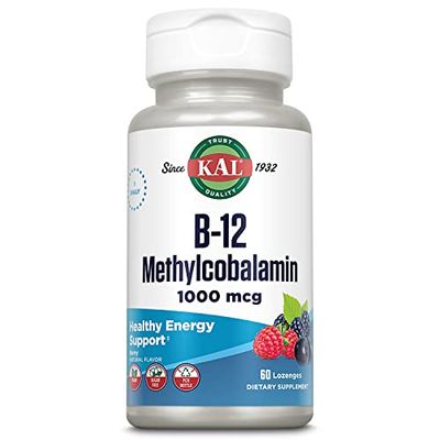 KAL Vitamin B-12 Methylcobalamin Lozenges 1000mcg, Healthy Energy, Metabolism, Nerve Red Blood Cell Support, Optimal Absorption, Natural Berry Flavor, Vegan, Sugar Free, 60 Servings, 60 Lozenges