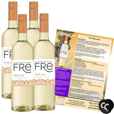 Sutter Home Fre Moscato Non-Alcoholic Wine Experience Bundle with Phone Grip, Seasonal Wine Pairings Recipes, 750ML btls, 4-pack