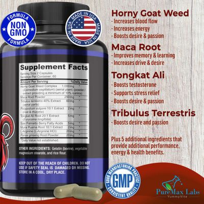 YUMMYVITE Horny Goat Weed Extra Strength -120 Capsules w. Maca, L-Arginine, Ginseng - Boost Desire, Performance, Stamina, Energy, Non-GMO Formula, 120 Capsules