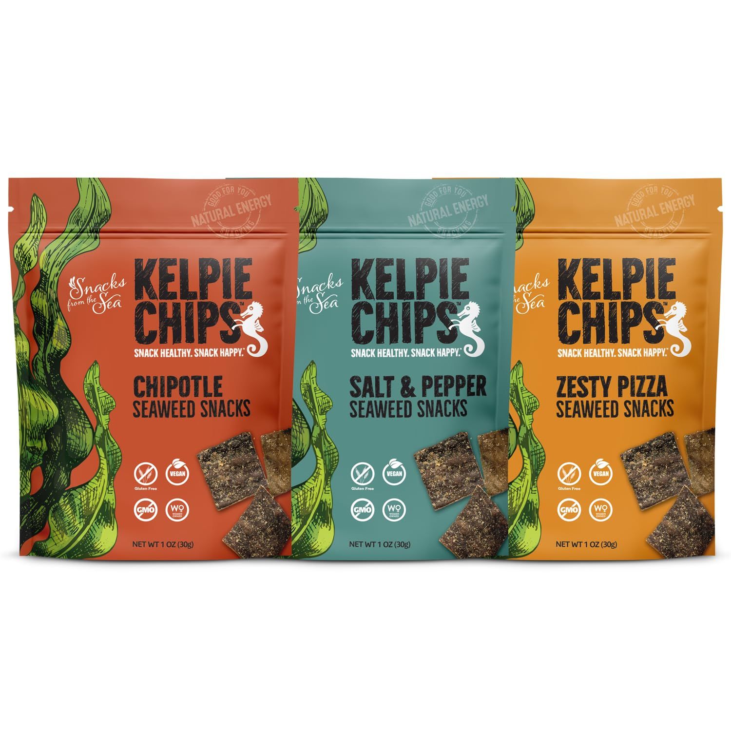 Seaweed Chips assorted Salt and Pepper, Zesty Pizza, Chipotle, Natural Kelp Kelpie Healthy Snack super food rich nutrition(1oz, 3bags)