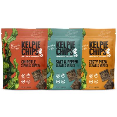Seaweed Chips assorted Salt and Pepper, Zesty Pizza, Chipotle, Natural Kelp Kelpie Healthy Snack super food rich nutrition(1oz, 3bags)