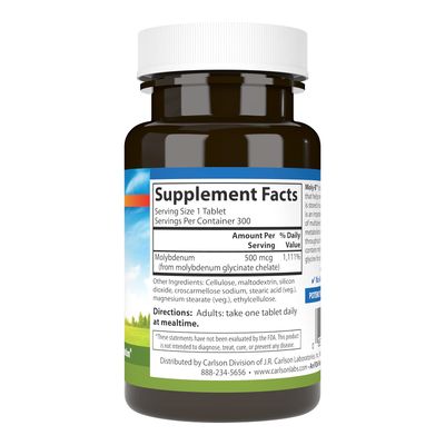 Carlson - Moly-B, Chelated Molybdenum Supplements, Metabolism Support Enzyme Activation, Molybdenum Glycinate Chelate, 300 Vegetarian Tablets
