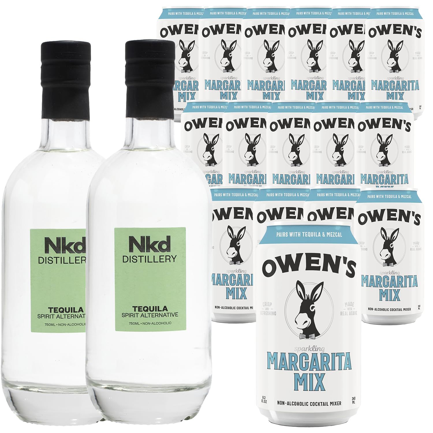 Nkd Distillery Tequila Alternative Premium Non-Alcoholic Spirit 750 ML Bottles w Owen s Mixers Margarita 8.2 OZ Cans - Perfect for Mocktails - Made in USA