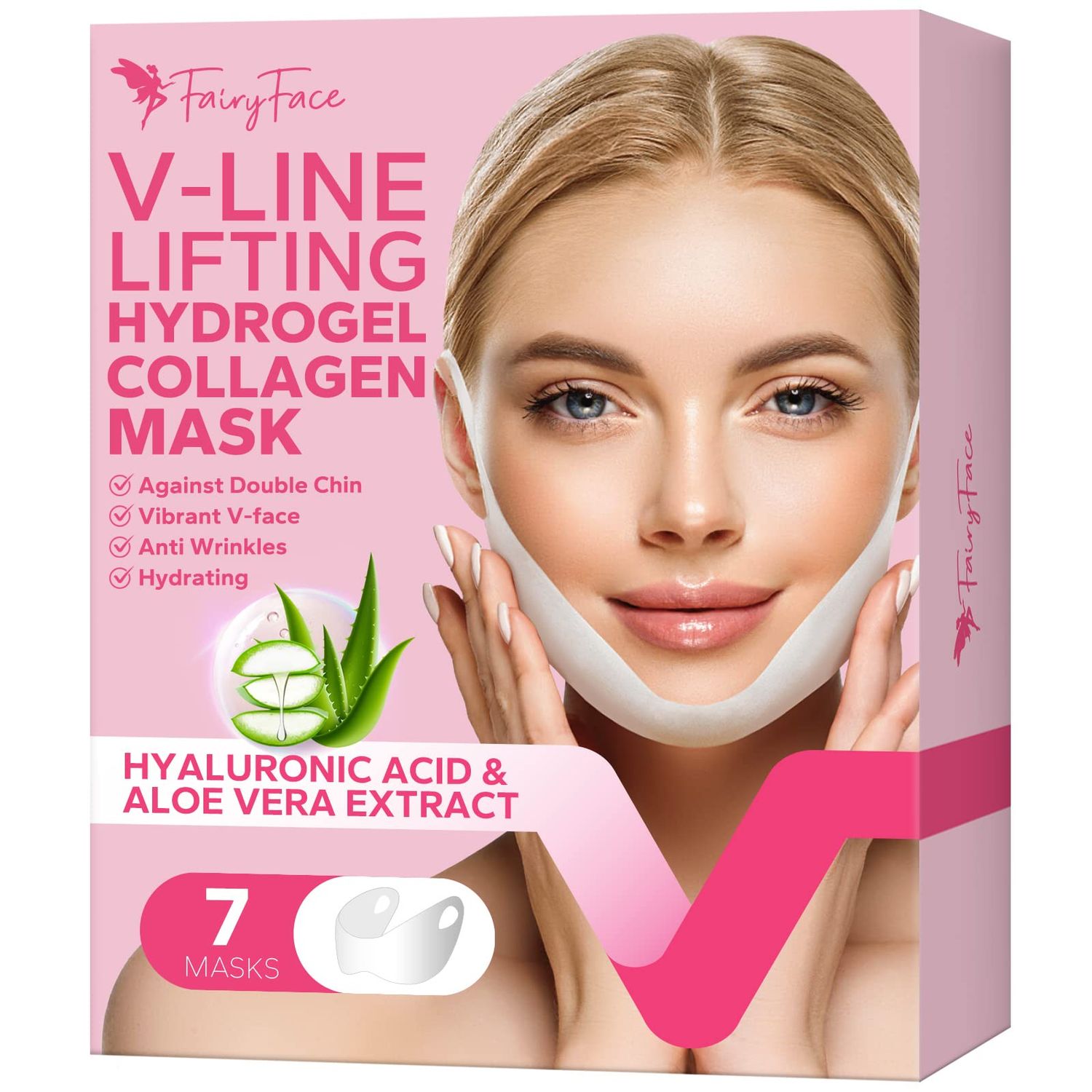 FairyFace V Line Shaping Face Masks (7 Count), Double Chin Reducer, Lifting Hydrogel Collagen Mask with Aloe Vera and Seaweed, Anti-Aging and Anti-Wrinkle Masks