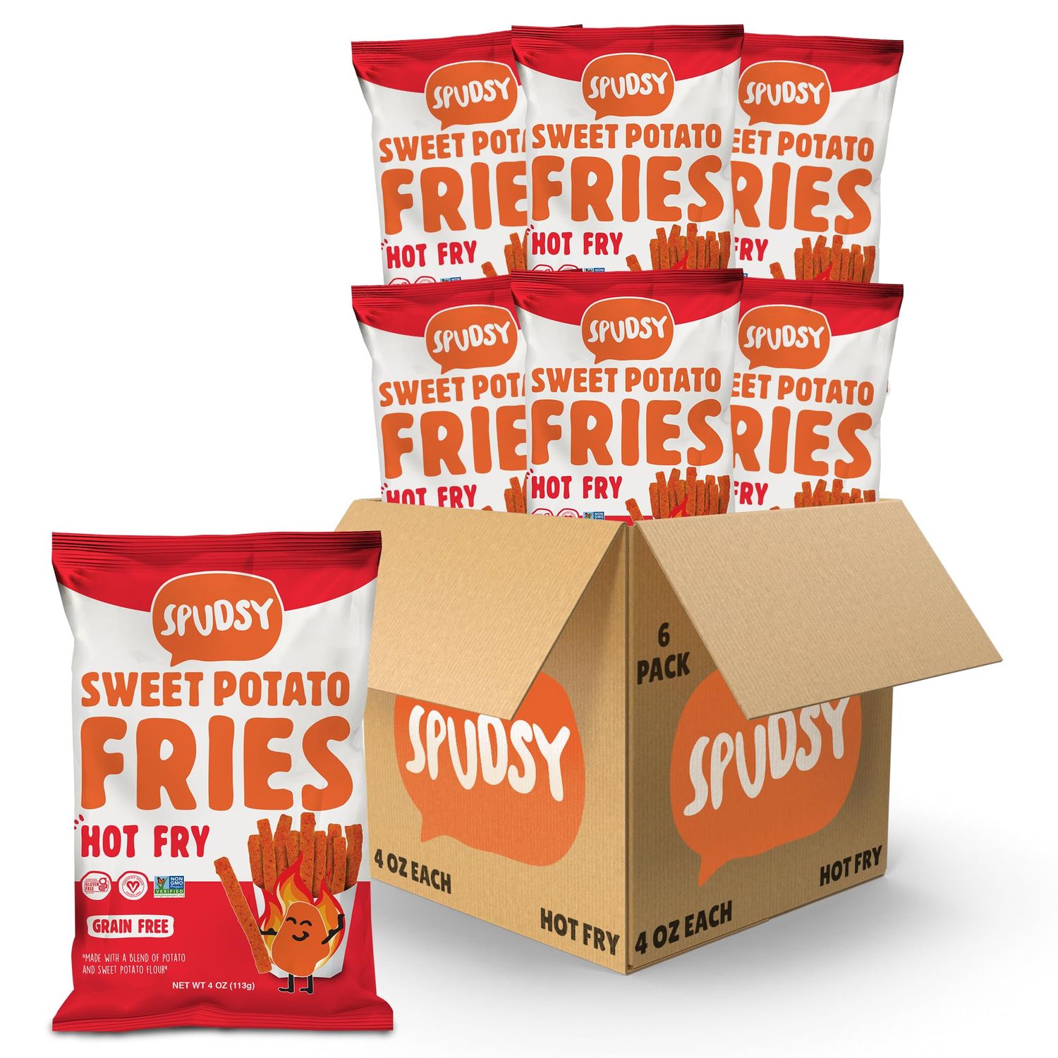 Spudsy Hot Fries - Spicy Sweet Potato Fries Vegan, Gluten Free Veggie Straws Plant-Based, Non-GMO, Kosher, Superfood Snack 6 Pack, 4 oz Bags