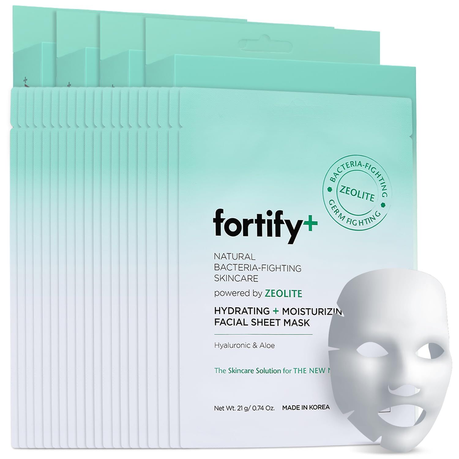 Fortify Facial Sheet Mask - Hyaluronic Acid, Aloe, and Zeolite - Moisturizing Anti Aging - Creates Protective Barrier - Vegan, Cruelty Free - Made in Korea - Pack of 4