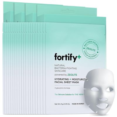 Fortify Facial Sheet Mask - Hyaluronic Acid, Aloe, and Zeolite - Moisturizing Anti Aging - Creates Protective Barrier - Vegan, Cruelty Free - Made in Korea - Pack of 4