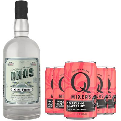 Dhos Handcrafted Non-Alcoholic Gin w 5 Pack Q Mixers Sparkling Grapefruit - Keto-Friendly, Zero Sugar, Zero Calories, Zero Proof - 750 ML - Perfect for Mocktails - Made in USA
