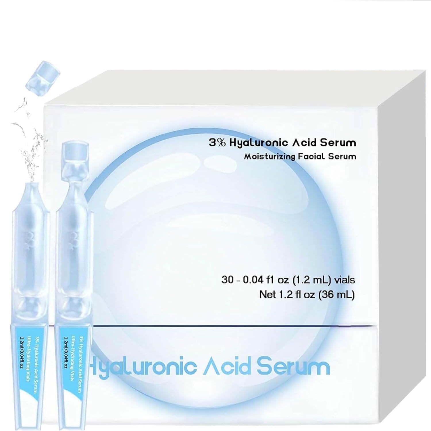 3 Hyaluronic Acid Serum Ultra-Hydrating Vials, Hyaluronic Acid Tubes, Wake Nature Perfection Hyaluronic Acid,Intensive Moisturizing, Skin Tightening, Emergency Repair, Anti-Aging(1 Box of 30)