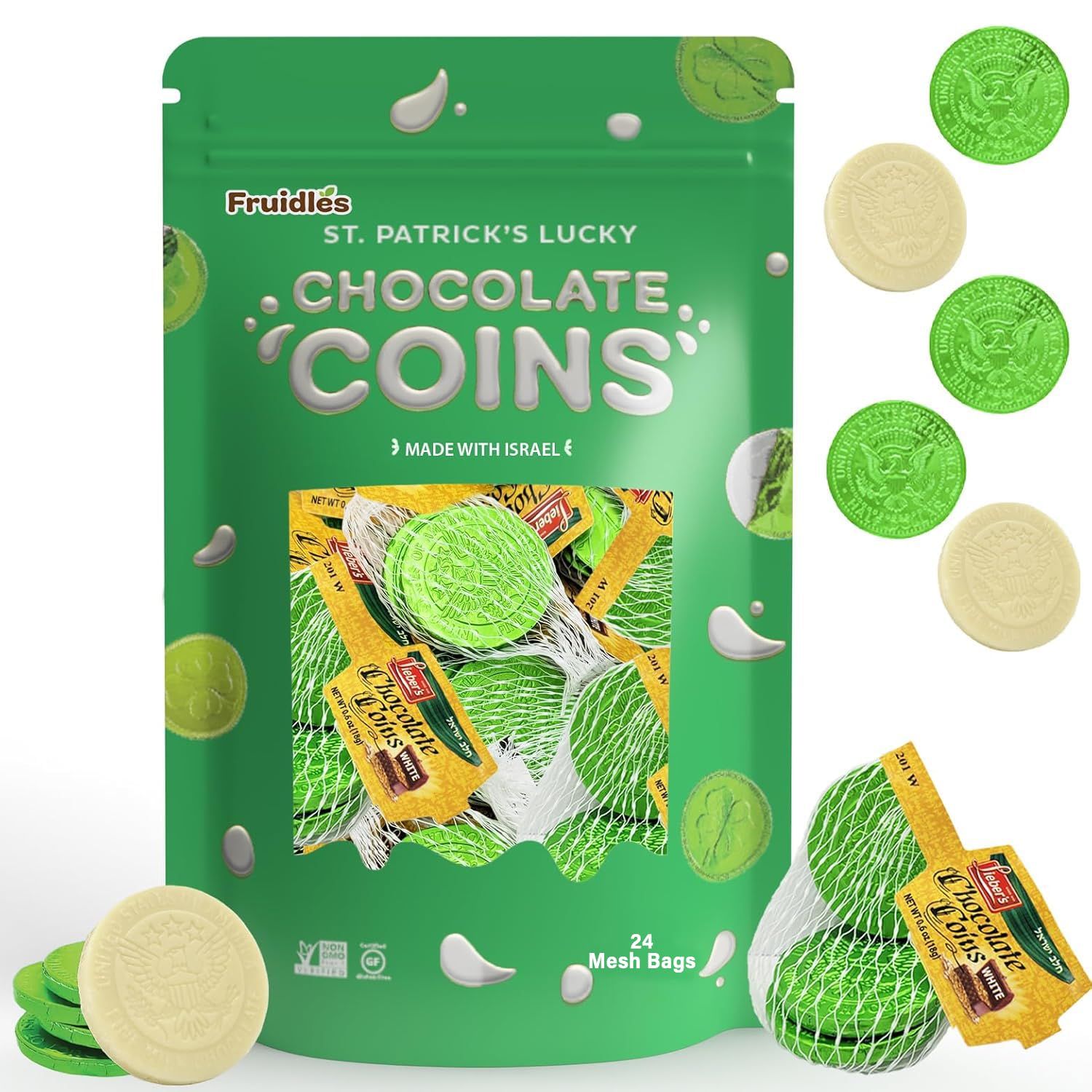 Fruidles St. Patrick&#39;s White Milk Chocolate Coins in Mesh Bags, Green Foil Half-Dollar Design, Dairy Milk Chocolates, Kosher (24 Mesh Bags)