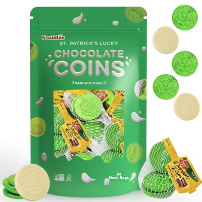 Fruidles St. Patrick&#39;s White Milk Chocolate Coins in Mesh Bags, Green Foil Half-Dollar Design, Dairy Milk Chocolates, Kosher (24 Mesh Bags)