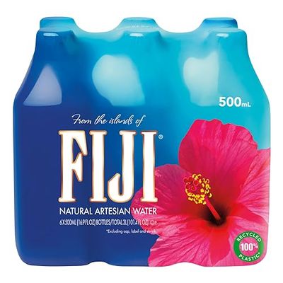 FIJI Natural Artesian Bottled Water 500 mL 16.9 Fl Ounce (Pack of 6) - 100 Recycled Plastic