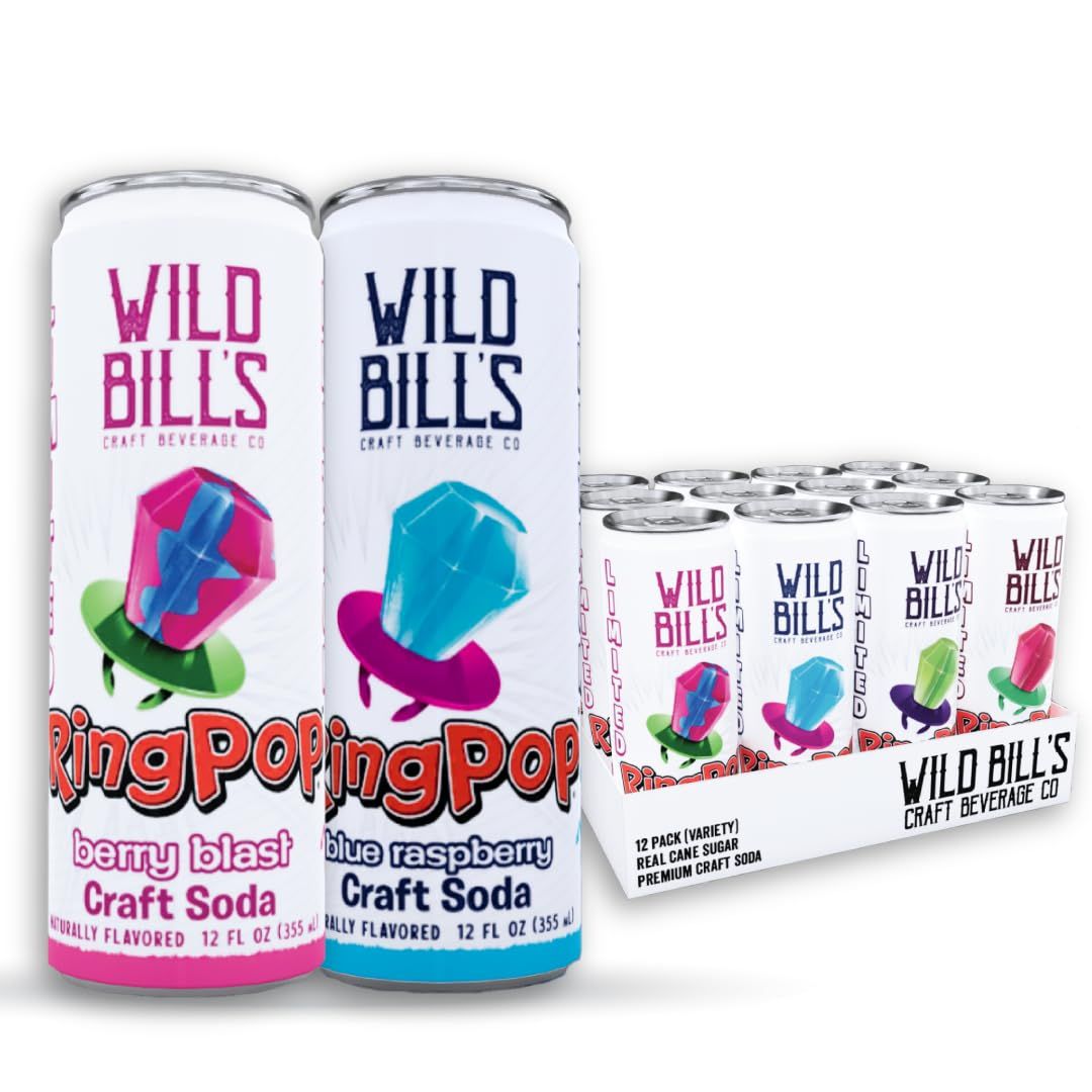 Wild Bill s Craft Soda Variety Pack - Ring Pop Soft Drinks - Watermelon, Strawberry, Berry Blast Blue Raspberry - Pure Cane Sugar, No HFCS, Caffeine Free, Vegan, Gluten Free - 12 Oz Cans 12 Pack