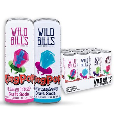 Wild Bill s Craft Soda Variety Pack - Ring Pop Soft Drinks - Watermelon, Strawberry, Berry Blast Blue Raspberry - Pure Cane Sugar, No HFCS, Caffeine Free, Vegan, Gluten Free - 12 Oz Cans 12 Pack