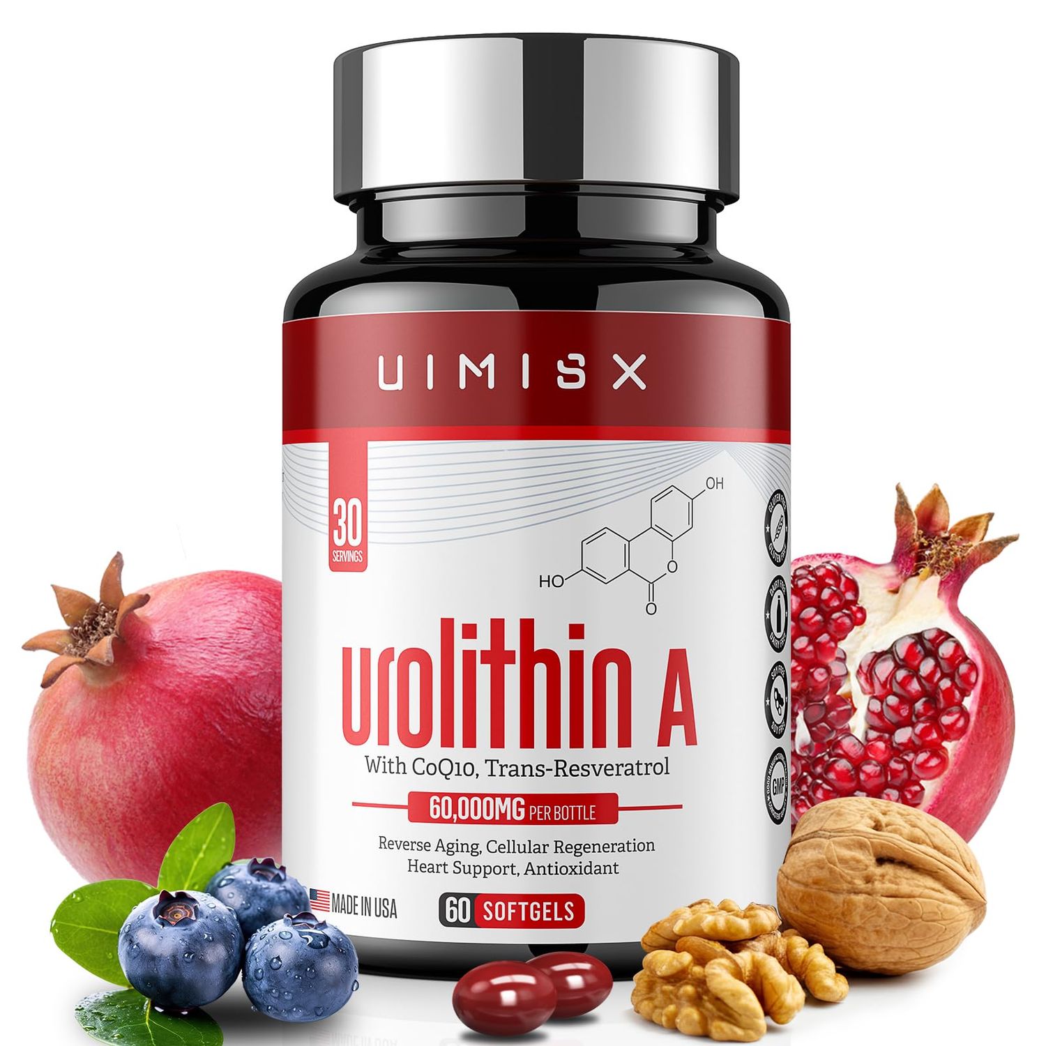 UIMISX Urolithin A Pro Supplement 1000mg, 60 Softgels Super Antioxidants with Resveratrol CoQ10 for Energy Production and Healthy Aging- Mitoceutical for Muscle Strength and Skin Care