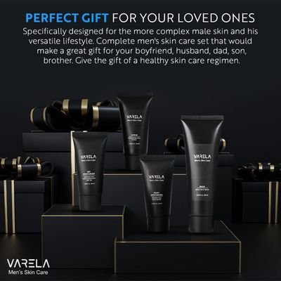 VARELA - Premium Men's 4pc Skin Care Set Men's Face Scrub Men's Morning Moisturizer with SPF20 and Men's Evening Moisturizer Men's Face Cleanser 1 Month Supply
