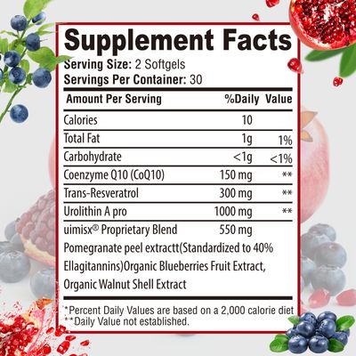 UIMISX Urolithin A Pro Supplement 1000mg, 60 Softgels Super Antioxidants with Resveratrol CoQ10 for Energy Production and Healthy Aging- Mitoceutical for Muscle Strength and Skin Care