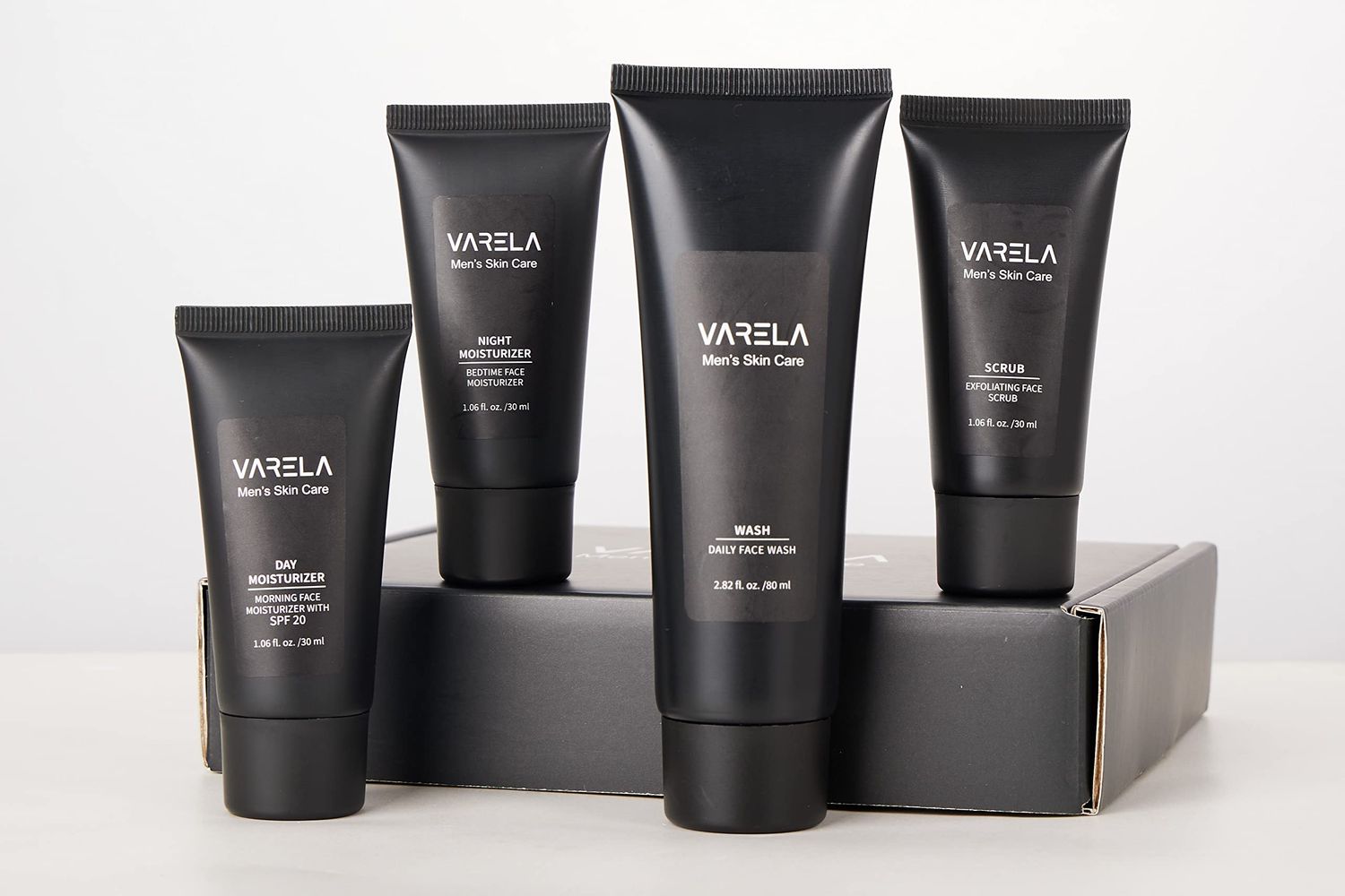 VARELA - Premium Men&#39;s 4pc Skin Care Set Men&#39;s Face Scrub Men&#39;s Morning Moisturizer with SPF20 and Men&#39;s Evening Moisturizer Men&#39;s Face Cleanser 1 Month Supply