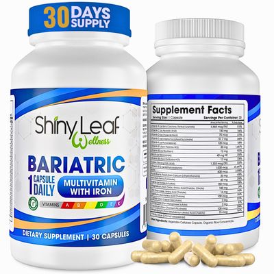 Shiny Leaf Bariatric Multivitamin with Iron - 45 mg for Gastric Bypass, Sleeve Gastrectomy, Roux-en-Y, Duodenal Switch - 22 Vitamins Minerals, ASMBS Compliant, Vegetarian, Made in USA, GMP, 30 Ct.