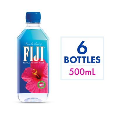 FIJI Natural Artesian Bottled Water 500 mL 16.9 Fl Ounce (Pack of 6) - 100 Recycled Plastic