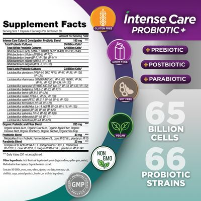 Vital Planet - Intense Care Colon Constipation Probiotics Plus Organic Prebiotics, Postbiotics, Parabiotics, Complete 4-in-1 Health Supplement for Adults, 65 Billion CFU, 66 Strains, 30 ct
