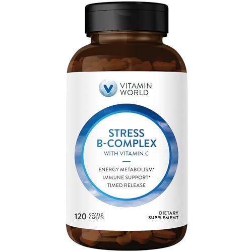 Vitamin World Stress Vitamin B Complex with Vitamin C, Timed Release High-Potency Vitamin B6, B12, Niacin, Folate Biotin for Stress, Energy, Metabolism Immune Support, Non-GMO, 120 Caplets