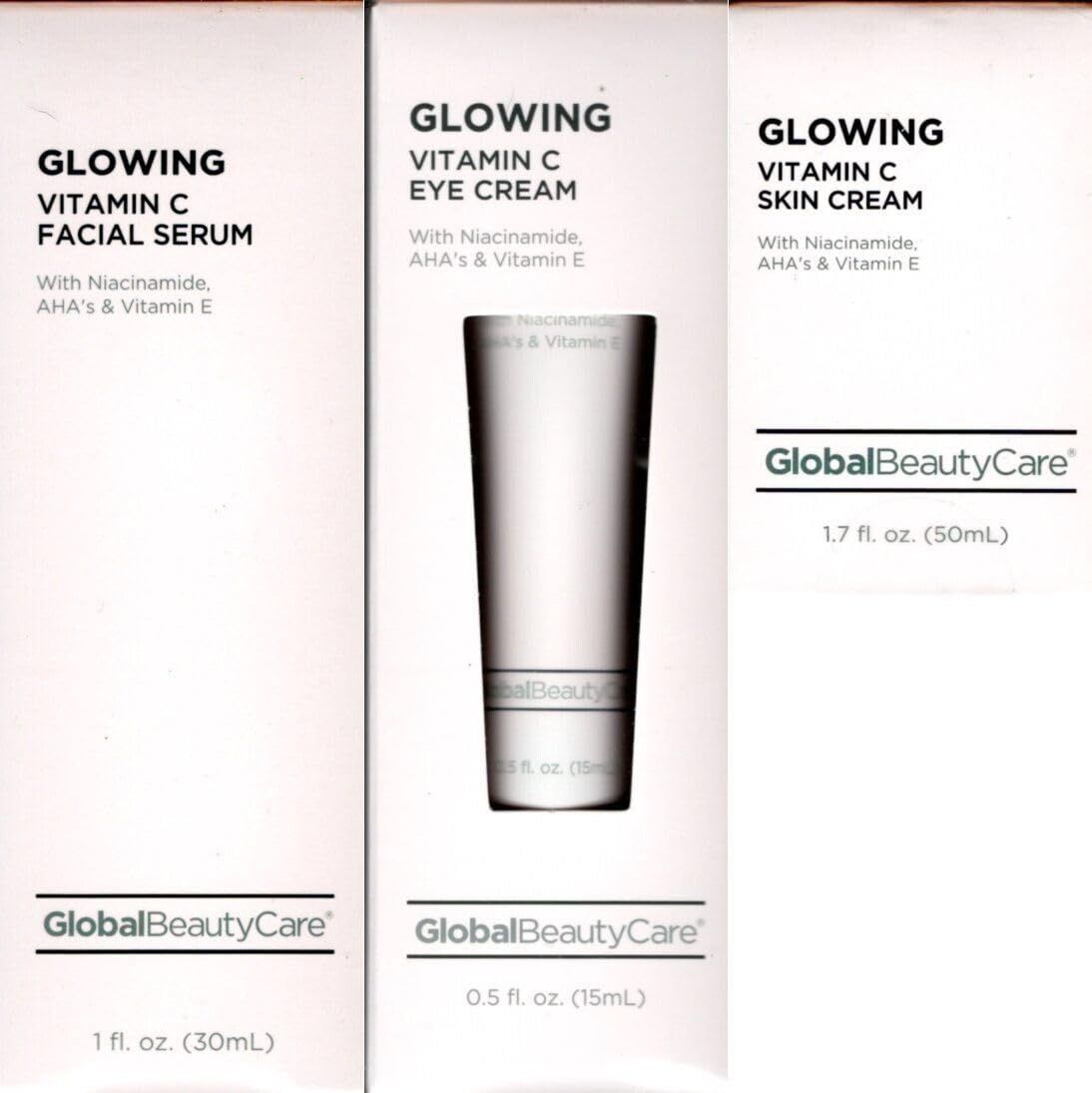 Global Beauty Care Glowing Vitamin C 3 Piece Set with Vitamin C Eye Cream, Vitamin C Skin Cream and Vitamin C Eye Cream with Niacinamide, AHA&#39;s Vitamin E