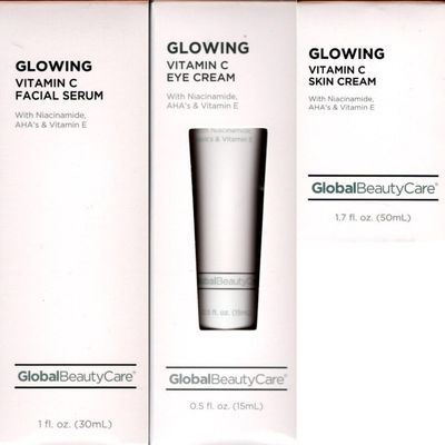 Global Beauty Care Glowing Vitamin C 3 Piece Set with Vitamin C Eye Cream, Vitamin C Skin Cream and Vitamin C Eye Cream with Niacinamide, AHA&#39;s Vitamin E