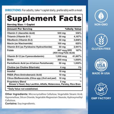 Vitamin World Stress Vitamin B Complex with Vitamin C, Timed Release High-Potency Vitamin B6, B12, Niacin, Folate Biotin for Stress, Energy, Metabolism Immune Support, Non-GMO, 120 Caplets