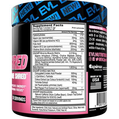 EVL Ultimate Pre Workout Powder - Thermogenic Fat Burn Support Preworkout Powder Drink for Lasting Energy Focus and Stamina - ENGN Shred Intense Creatine Free Preworkout Drink Mix - Pink Lemonade