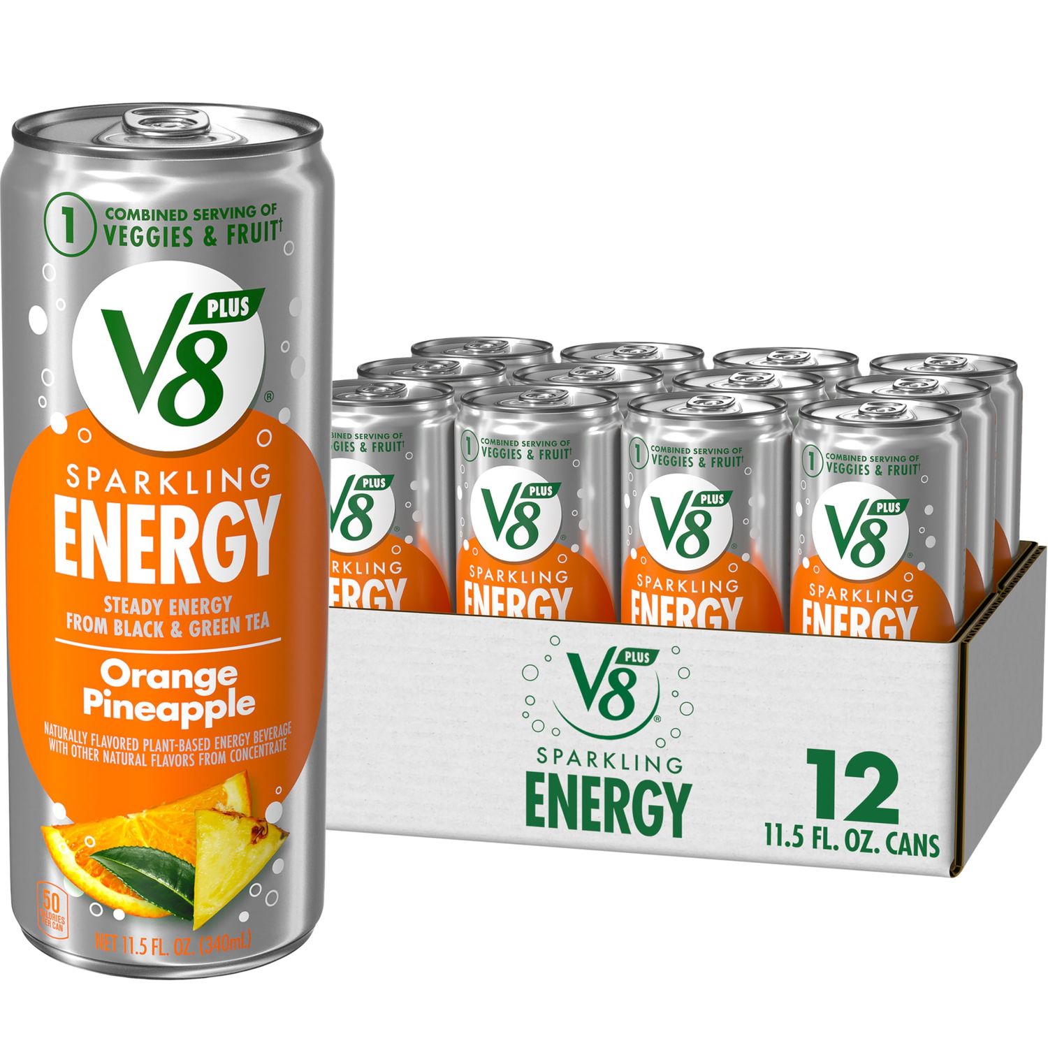 V8 Energy Sparkling Orange Pineapple Juice Energy Drink, 11.5 fl oz Can (12 Pack)