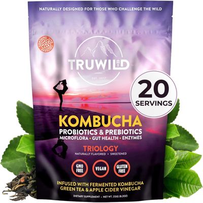 TruWild Natural Kombucha Powder Probiotic Supplement Vegan Drink Mix - Gut Health Digestive Enzymes wLive Cultures Apple Cider Vinegar Prebiotics - 20 Servings