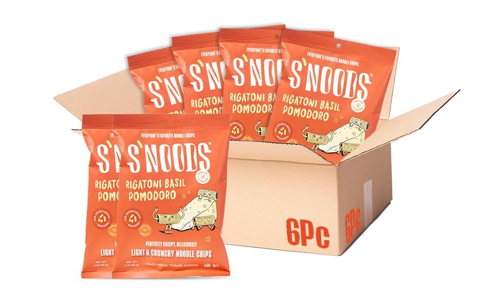 S NOODS Rigatoni Basil Pomodoro Chips - Light Crunchy Noodle Chips - Plant-Based Protein - Vegan Snacks - Gluten-Free - Perfectly Crispy Delicious - For Adventurous Snackers - 3 oz (6 Pack)