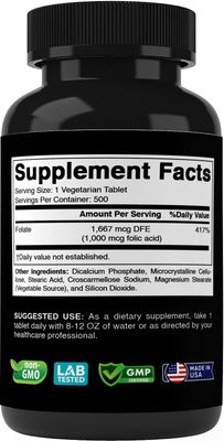 Vitabod Folic Acid 1 mg (1000 mcg) (Vitamin B9) - 500 Vegetarian Tablets - an Essential Prenatal and Postnatal Vitamin