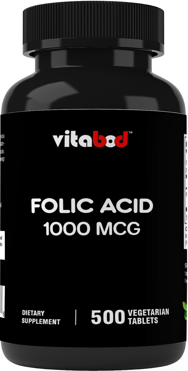 Vitabod Folic Acid 1 mg (1000 mcg) (Vitamin B9) - 500 Vegetarian Tablets - an Essential Prenatal and Postnatal Vitamin