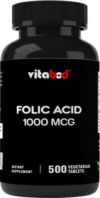 Vitabod Folic Acid 1 mg (1000 mcg) (Vitamin B9) - 500 Vegetarian Tablets - an Essential Prenatal and Postnatal Vitamin
