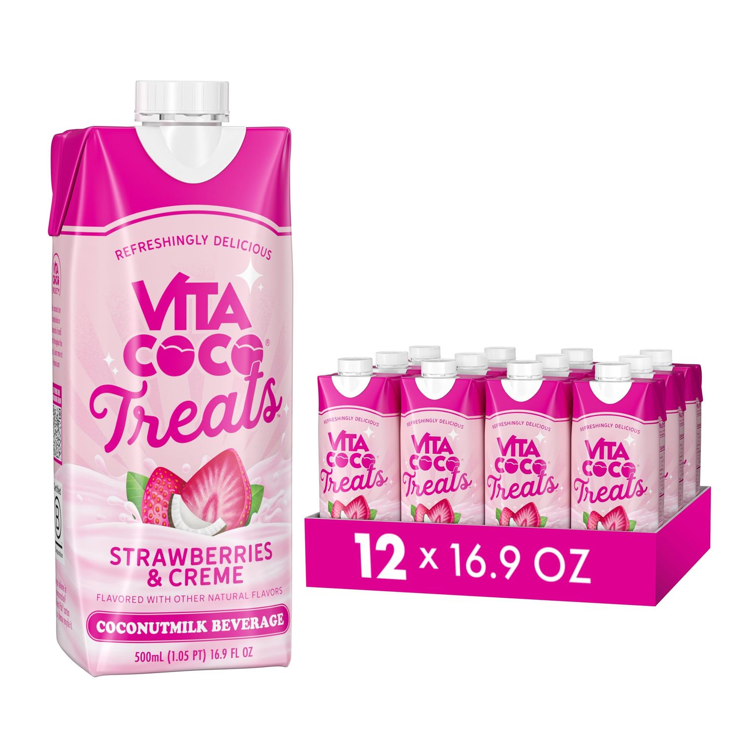 Vita Coco Treats Strawberries Cream Coconut Milk Drink Sweet, Refreshing, Treat Lower Sugar Pink Drink Alternative 16.9 fl oz (Pack of 12)
