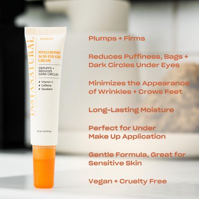 InstaNatural Hyaluronic Acid Eye Gel Cream, Hydrating Under Eye Cream for Women Men, Decreases Puffiness, Dark Circles and Wrinkles, with Vitamin C, Caffeine, Squalane Peptides, 0.5 Fl Oz